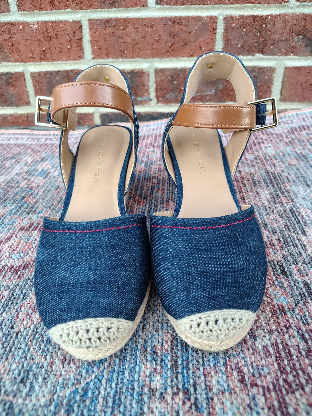Tommy Hilfiger Navy Denim Espadrille Wedges with Tan Ankle Strap - Picture 2 of 5